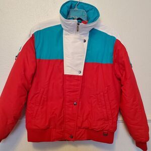 Vintage Fera Ski Jacket Women's Size 12 Red Teal White Color Block Puffer Coat 8